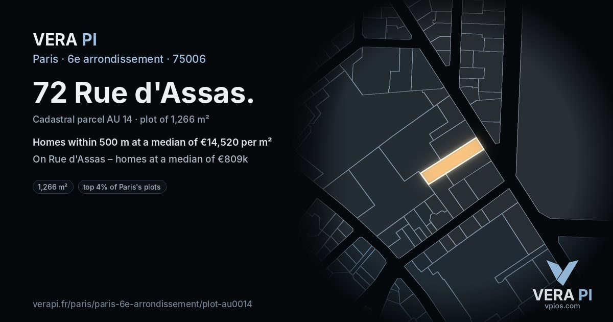 72 Rue d'Assas, 6e arrondissement at night – the plot lit, the parcels around coloured by the prices near them