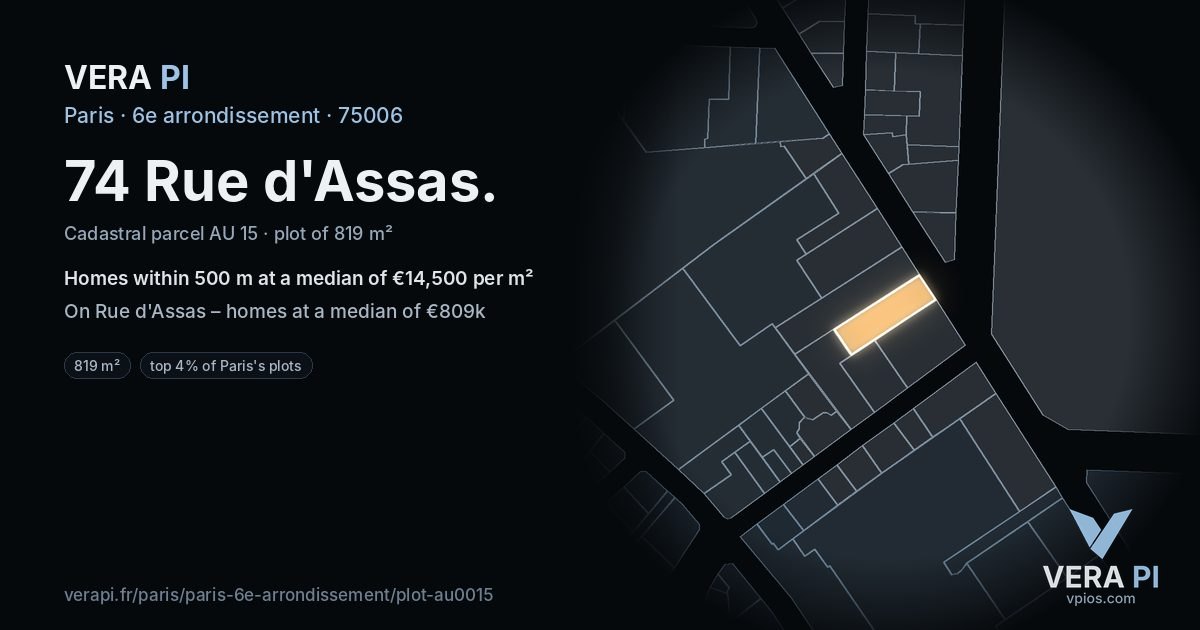 74 Rue d'Assas, 6e arrondissement at night – the plot lit, the parcels around coloured by the prices near them