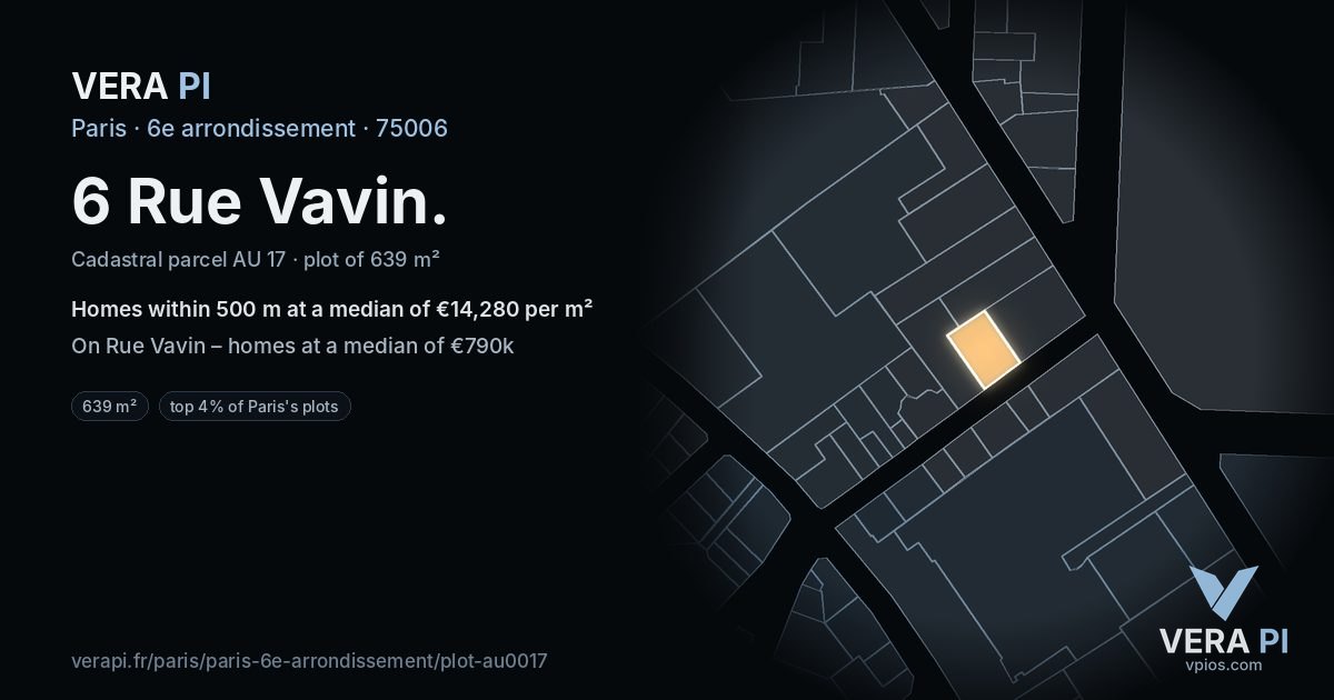 6 Rue Vavin, 6e arrondissement at night – the plot lit, the parcels around coloured by the prices near them