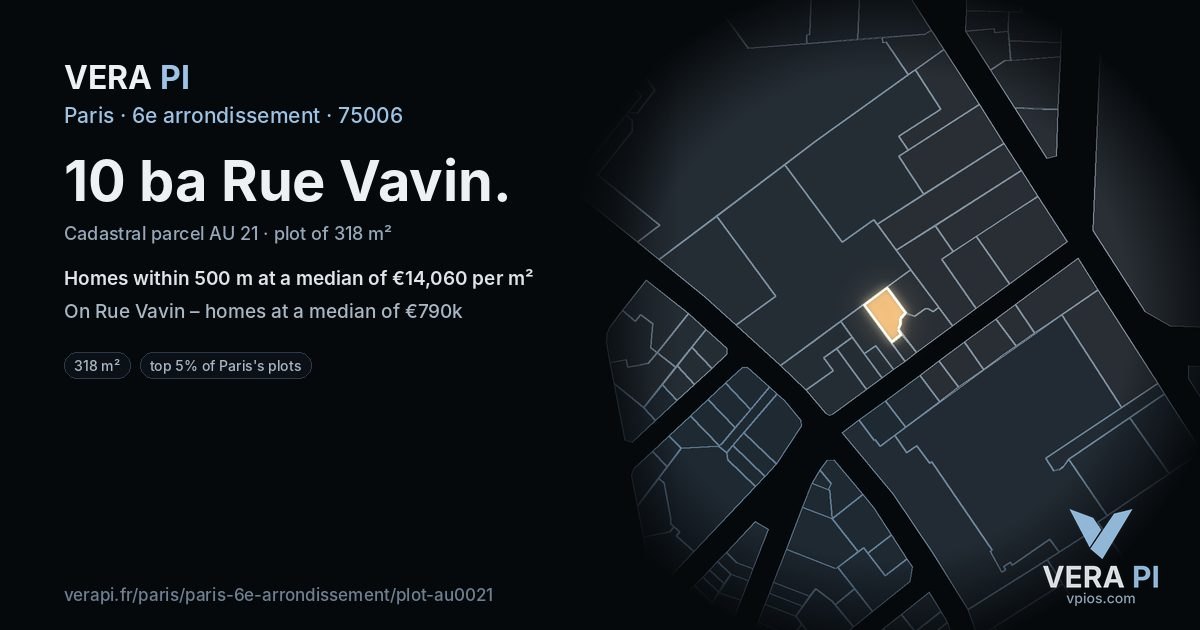 10 ba Rue Vavin, 6e arrondissement at night – the plot lit, the parcels around coloured by the prices near them