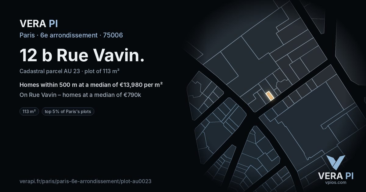 12 b Rue Vavin, 6e arrondissement at night – the plot lit, the parcels around coloured by the prices near them