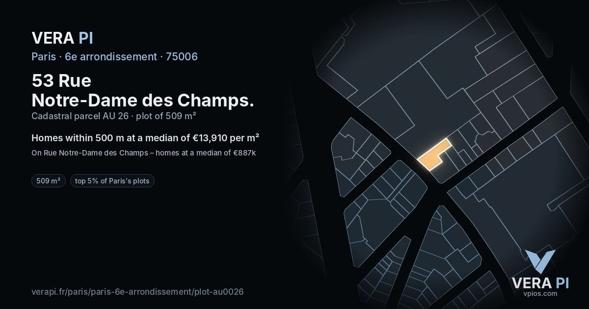 53 Rue Notre-Dame des Champs, 6e arrondissement at night – the plot lit, the parcels around coloured by the prices near them