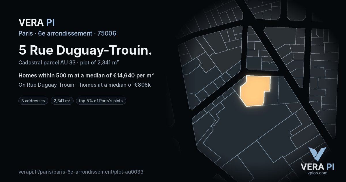 5 Rue Duguay-Trouin, 6e arrondissement at night – the plot lit, the parcels around coloured by the prices near them
