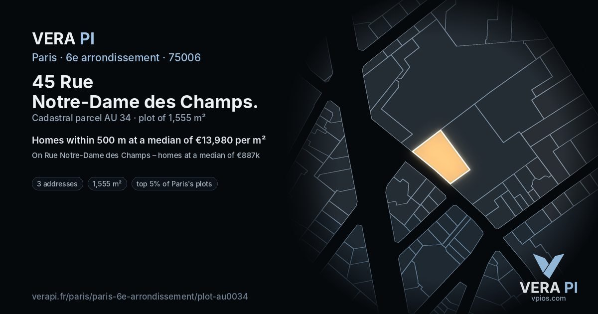 45 Rue Notre-Dame des Champs, 6e arrondissement at night – the plot lit, the parcels around coloured by the prices near them