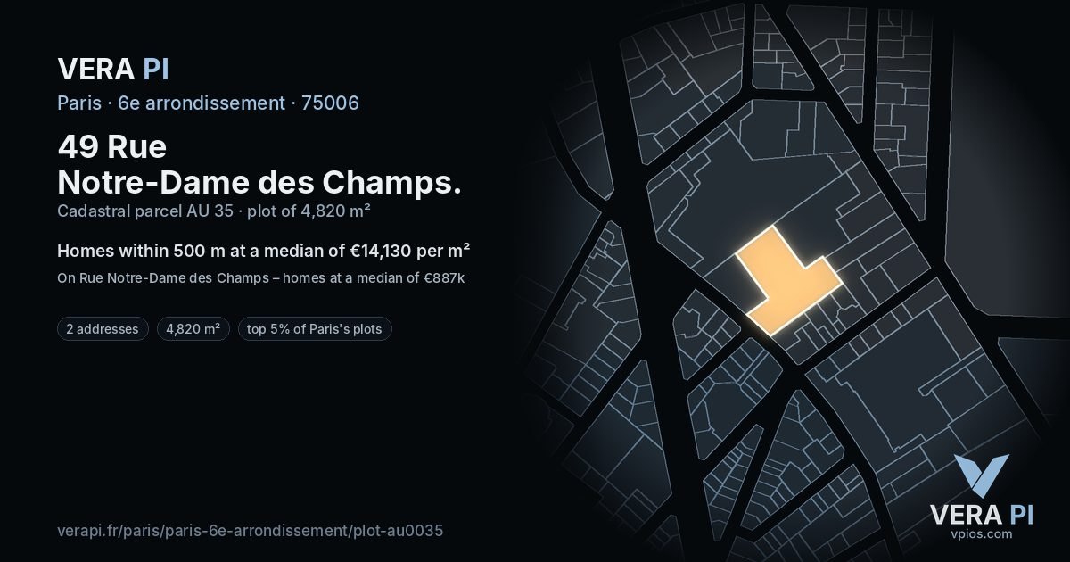49 Rue Notre-Dame des Champs, 6e arrondissement at night – the plot lit, the parcels around coloured by the prices near them