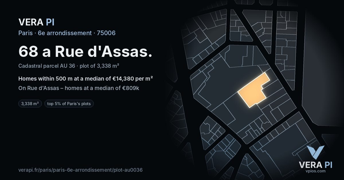 68 a Rue d'Assas, 6e arrondissement at night – the plot lit, the parcels around coloured by the prices near them