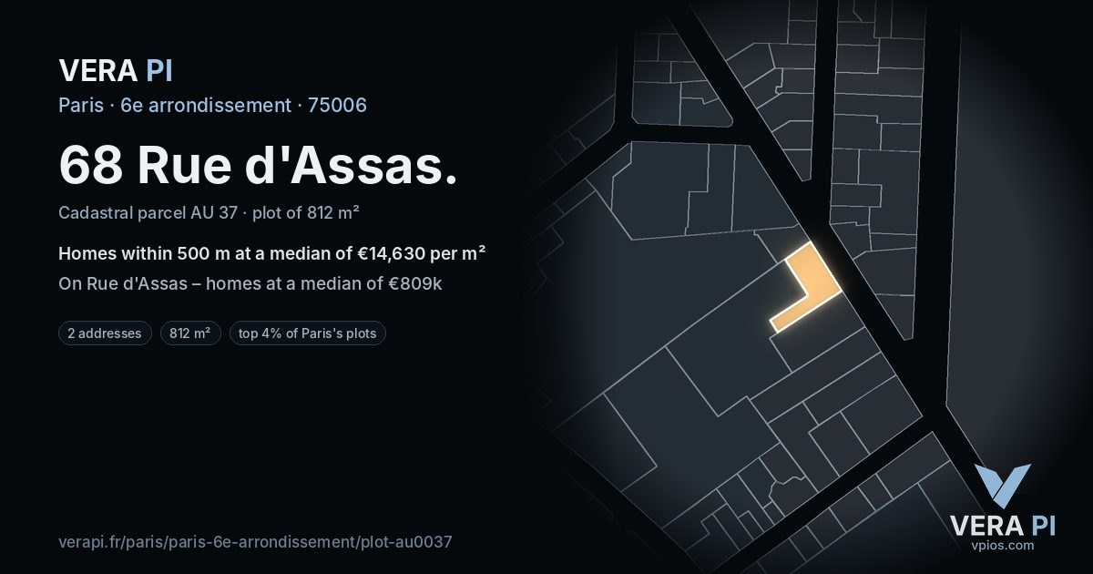 68 Rue d'Assas, 6e arrondissement at night – the plot lit, the parcels around coloured by the prices near them
