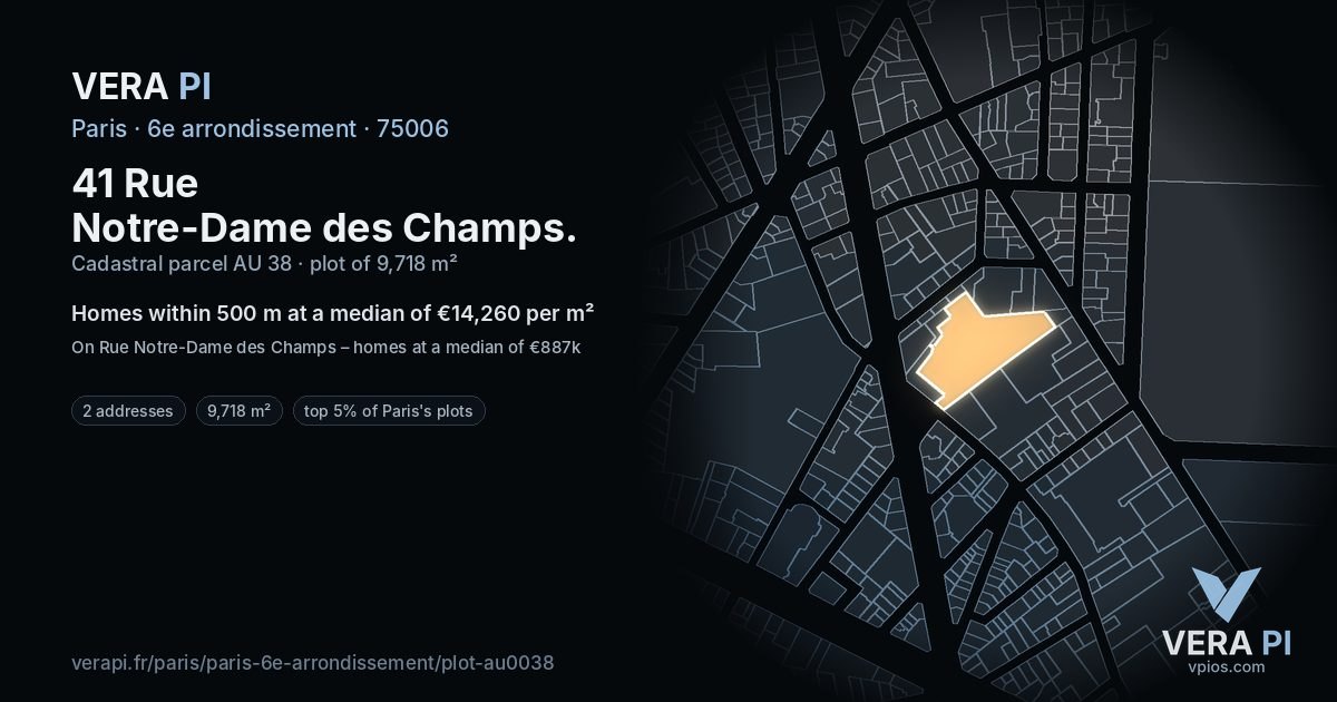 41 Rue Notre-Dame des Champs, 6e arrondissement at night – the plot lit, the parcels around coloured by the prices near them