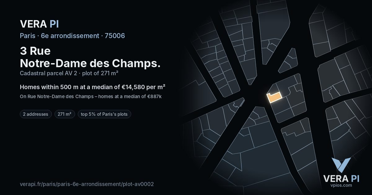3 Rue Notre-Dame des Champs, 6e arrondissement at night – the plot lit, the parcels around coloured by the prices near them