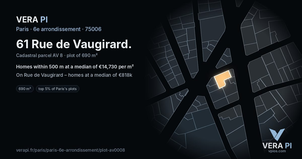 61 Rue de Vaugirard, 6e arrondissement at night – the plot lit, the parcels around coloured by the prices near them
