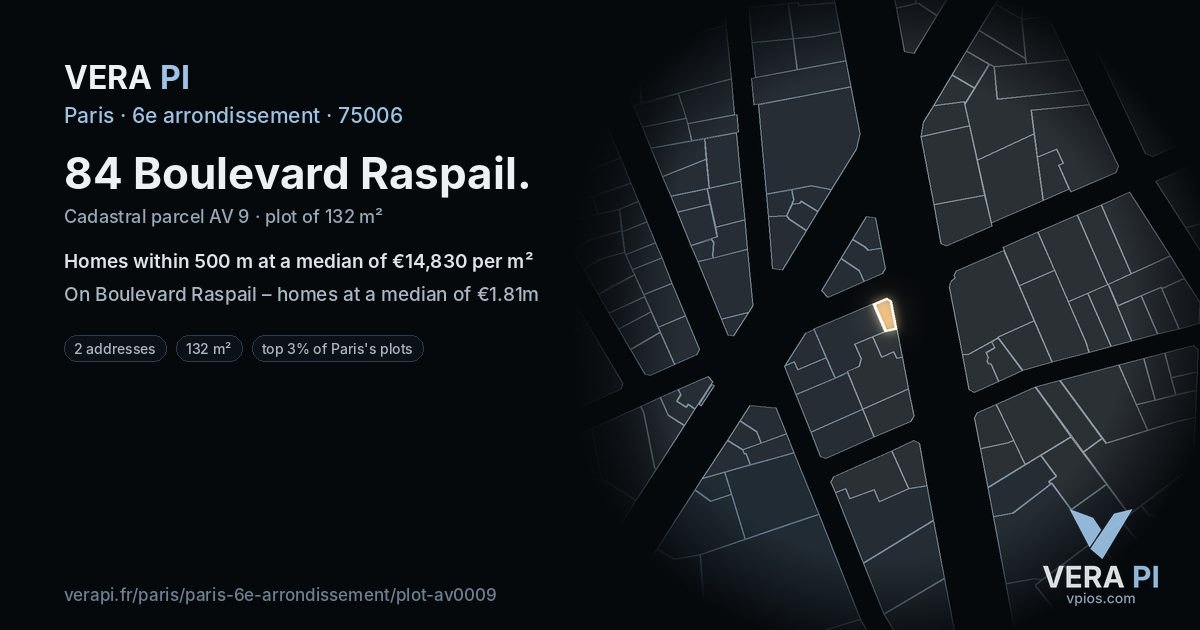 84 Boulevard Raspail, 6e arrondissement at night – the plot lit, the parcels around coloured by the prices near them
