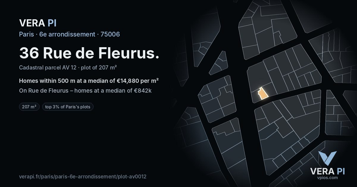 36 Rue de Fleurus, 6e arrondissement at night – the plot lit, the parcels around coloured by the prices near them