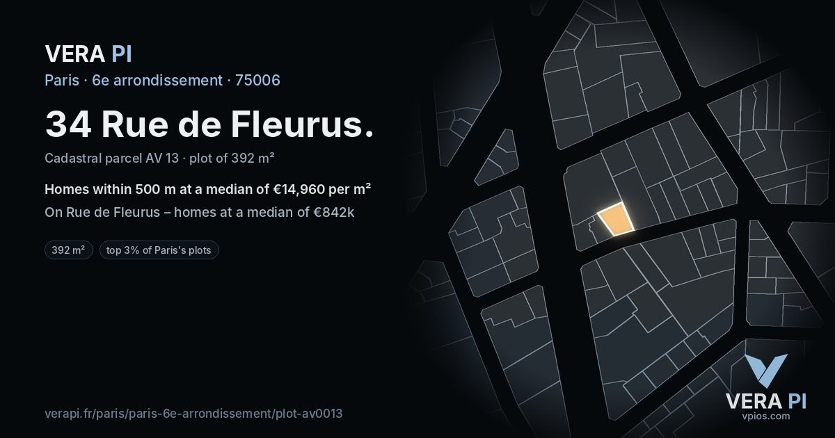 34 Rue de Fleurus, 6e arrondissement at night – the plot lit, the parcels around coloured by the prices near them