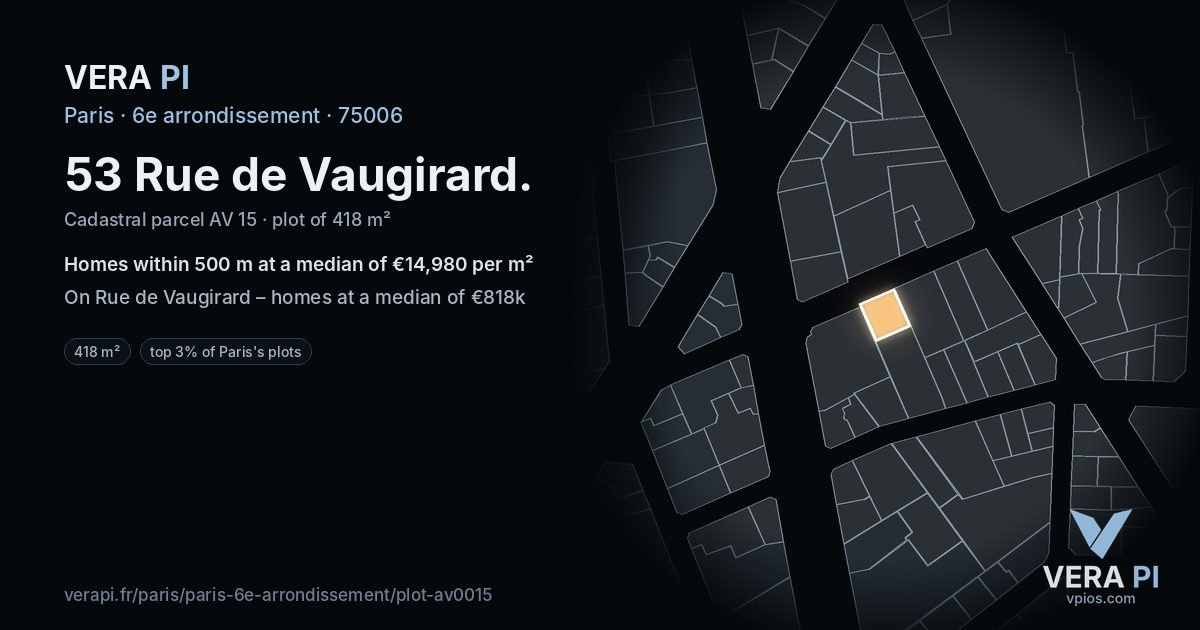 53 Rue de Vaugirard, 6e arrondissement at night – the plot lit, the parcels around coloured by the prices near them