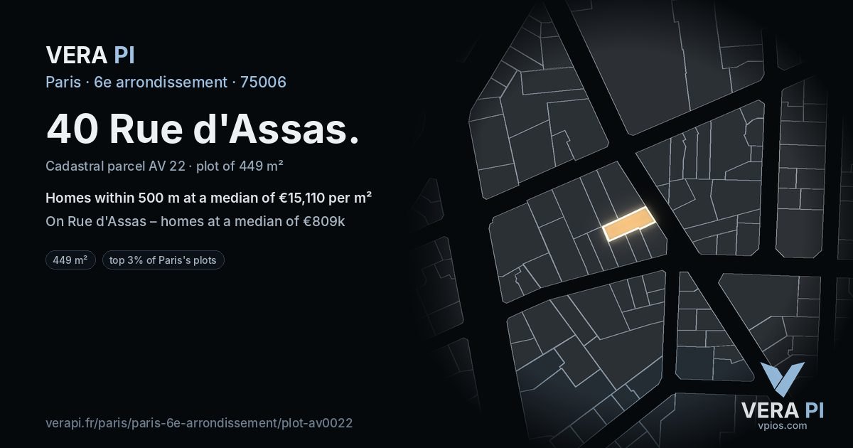 40 Rue d'Assas, 6e arrondissement at night – the plot lit, the parcels around coloured by the prices near them