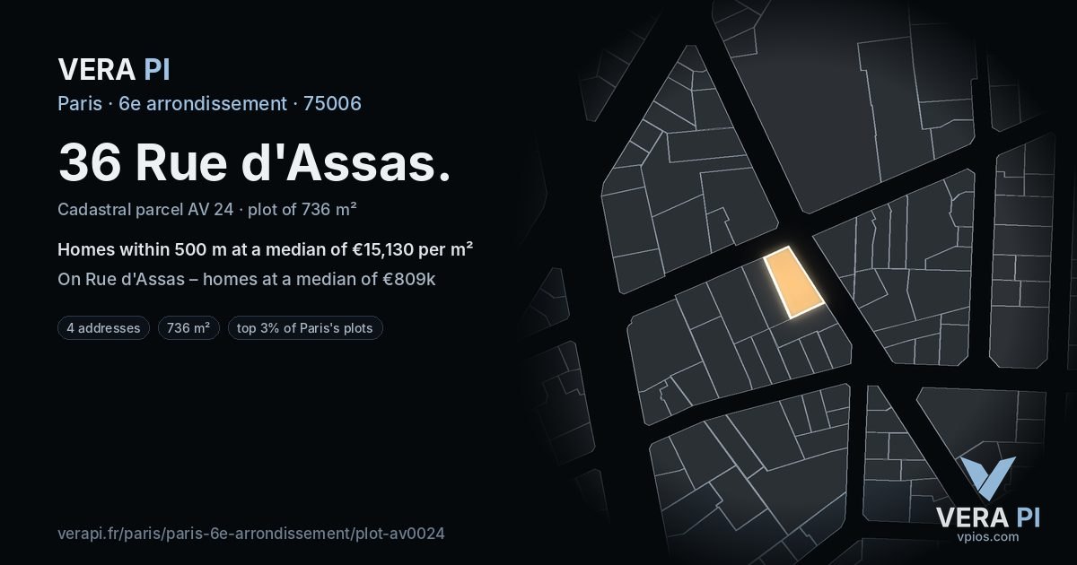 36 Rue d'Assas, 6e arrondissement at night – the plot lit, the parcels around coloured by the prices near them