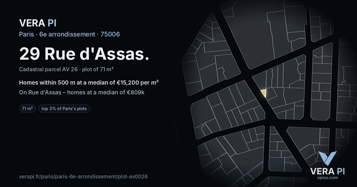 29 Rue d'Assas, 6e arrondissement at night – the plot lit, the parcels around coloured by the prices near them