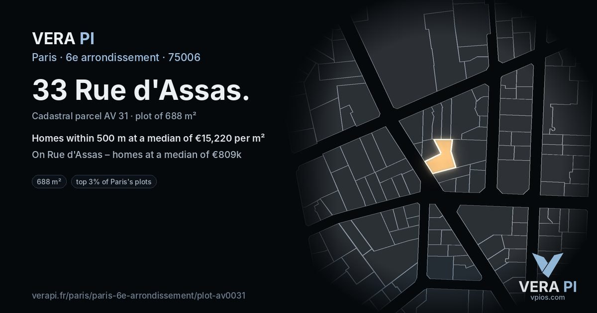 33 Rue d'Assas, 6e arrondissement at night – the plot lit, the parcels around coloured by the prices near them
