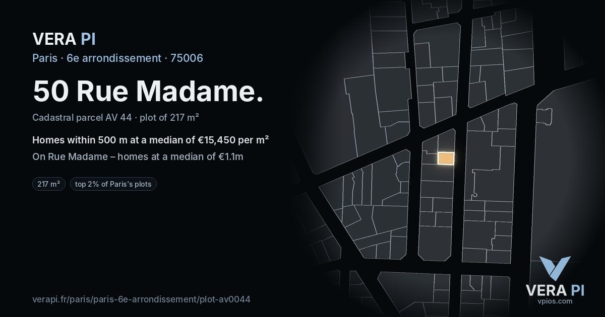 50 Rue Madame, 6e arrondissement at night – the plot lit, the parcels around coloured by the prices near them