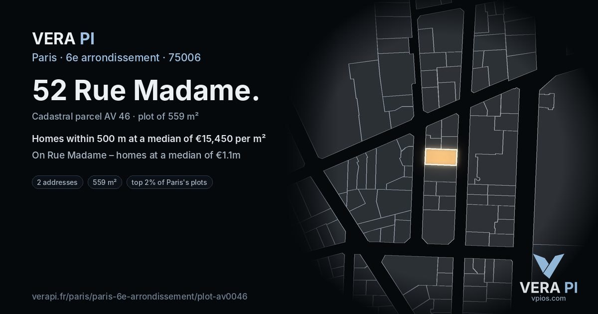 52 Rue Madame, 6e arrondissement at night – the plot lit, the parcels around coloured by the prices near them