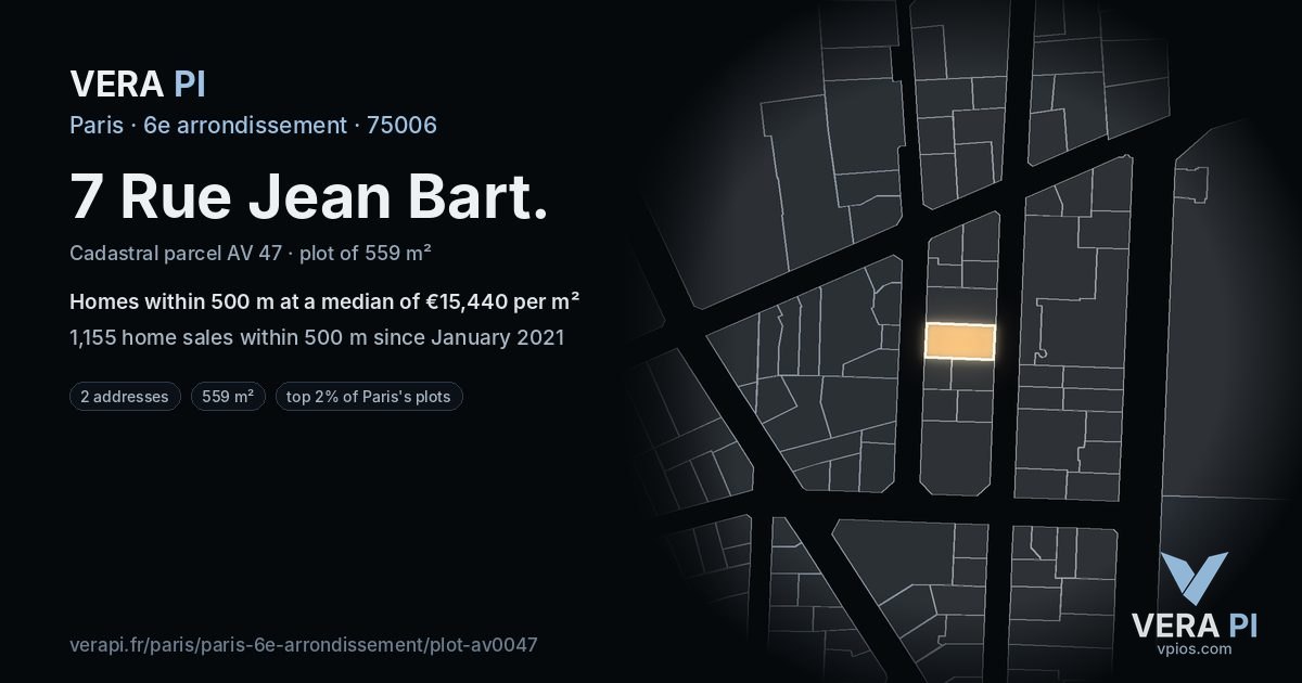 7 Rue Jean Bart, 6e arrondissement at night – the plot lit, the parcels around coloured by the prices near them