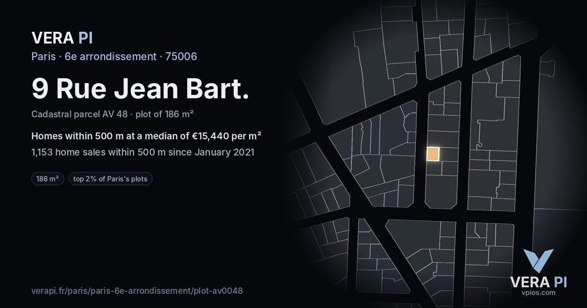 9 Rue Jean Bart, 6e arrondissement at night – the plot lit, the parcels around coloured by the prices near them