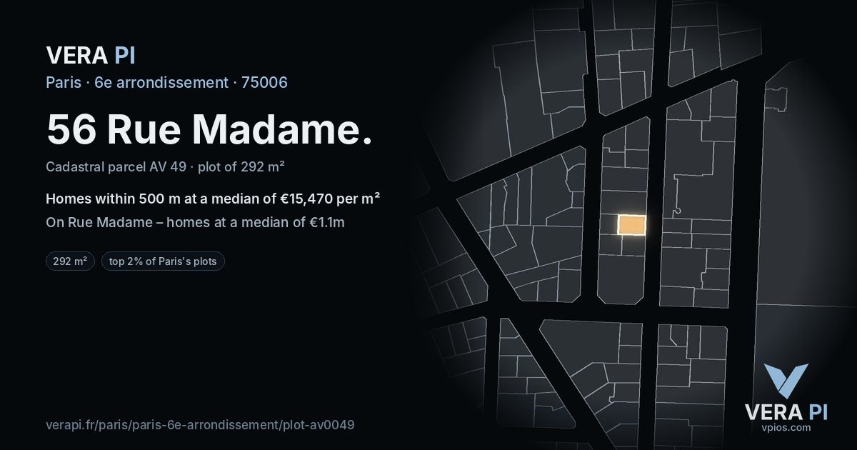 56 Rue Madame, 6e arrondissement at night – the plot lit, the parcels around coloured by the prices near them
