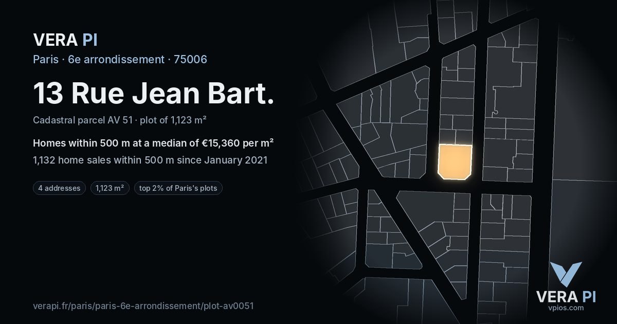 13 Rue Jean Bart, 6e arrondissement at night – the plot lit, the parcels around coloured by the prices near them