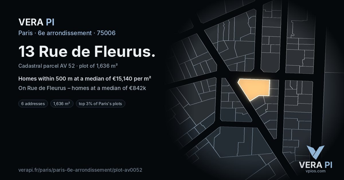 13 Rue de Fleurus, 6e arrondissement at night – the plot lit, the parcels around coloured by the prices near them
