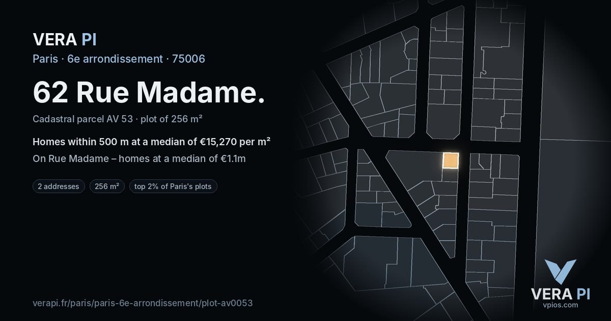 62 Rue Madame, 6e arrondissement at night – the plot lit, the parcels around coloured by the prices near them
