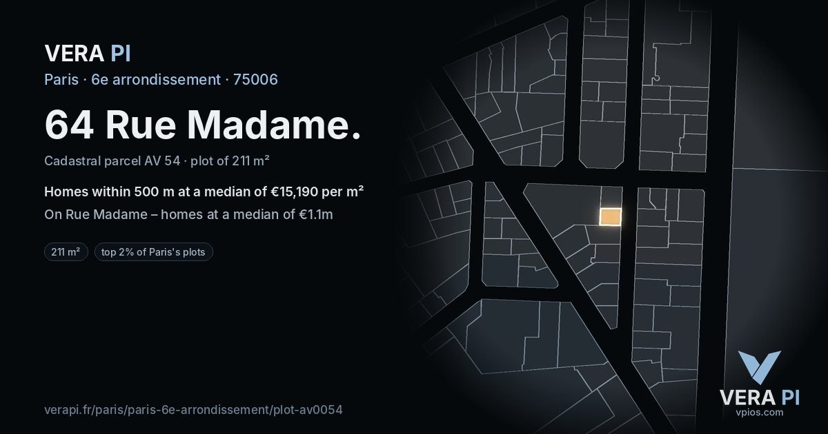 64 Rue Madame, 6e arrondissement at night – the plot lit, the parcels around coloured by the prices near them