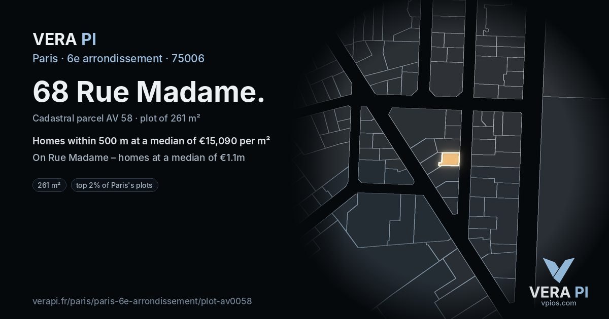 68 Rue Madame, 6e arrondissement at night – the plot lit, the parcels around coloured by the prices near them