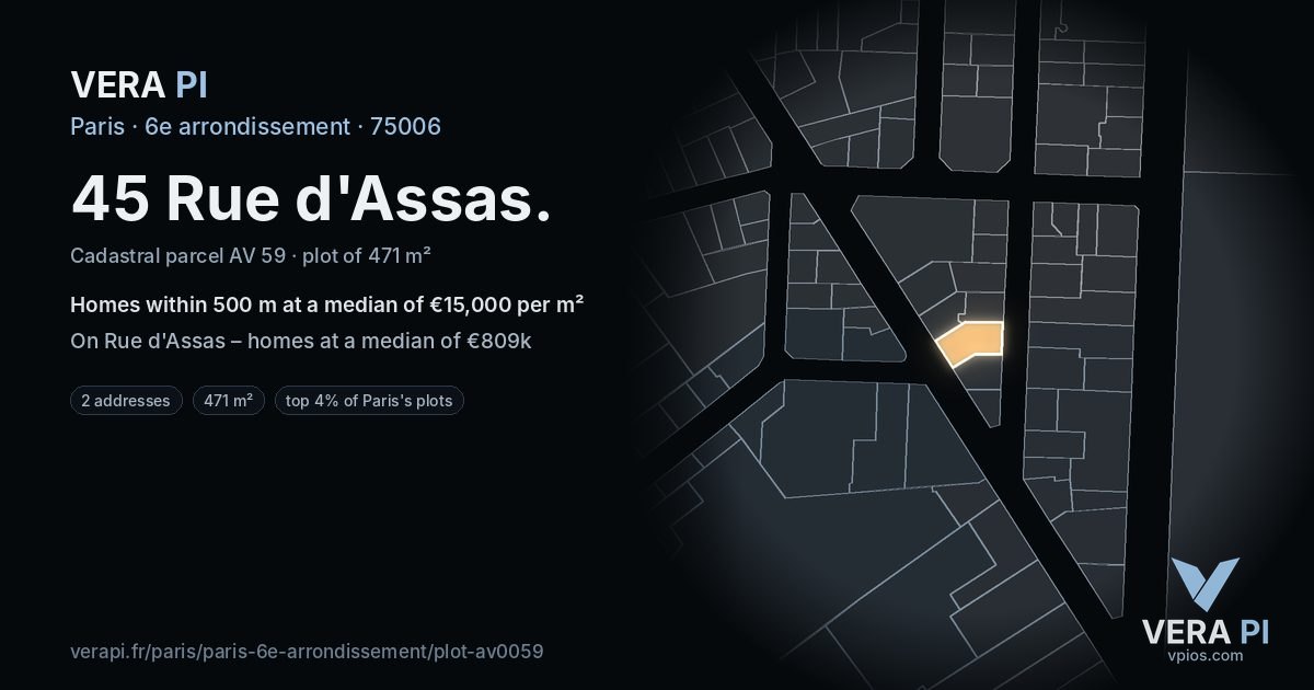 45 Rue d'Assas, 6e arrondissement at night – the plot lit, the parcels around coloured by the prices near them