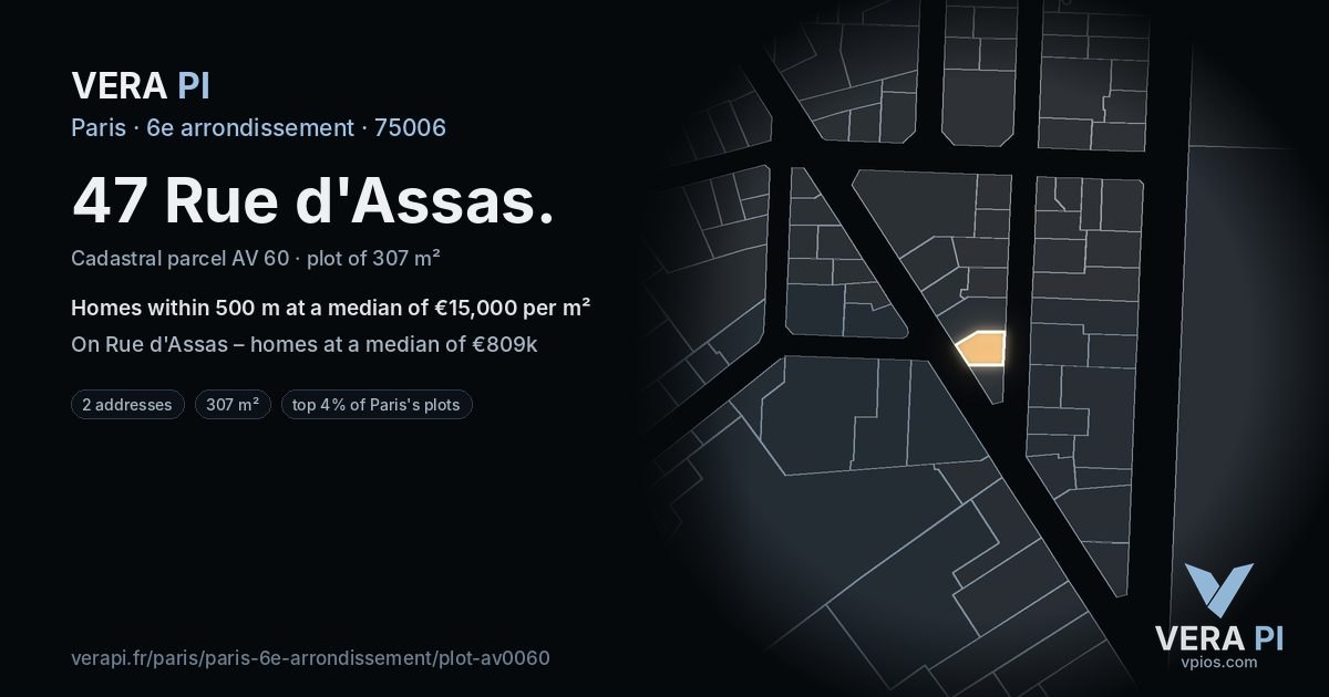 47 Rue d'Assas, 6e arrondissement at night – the plot lit, the parcels around coloured by the prices near them