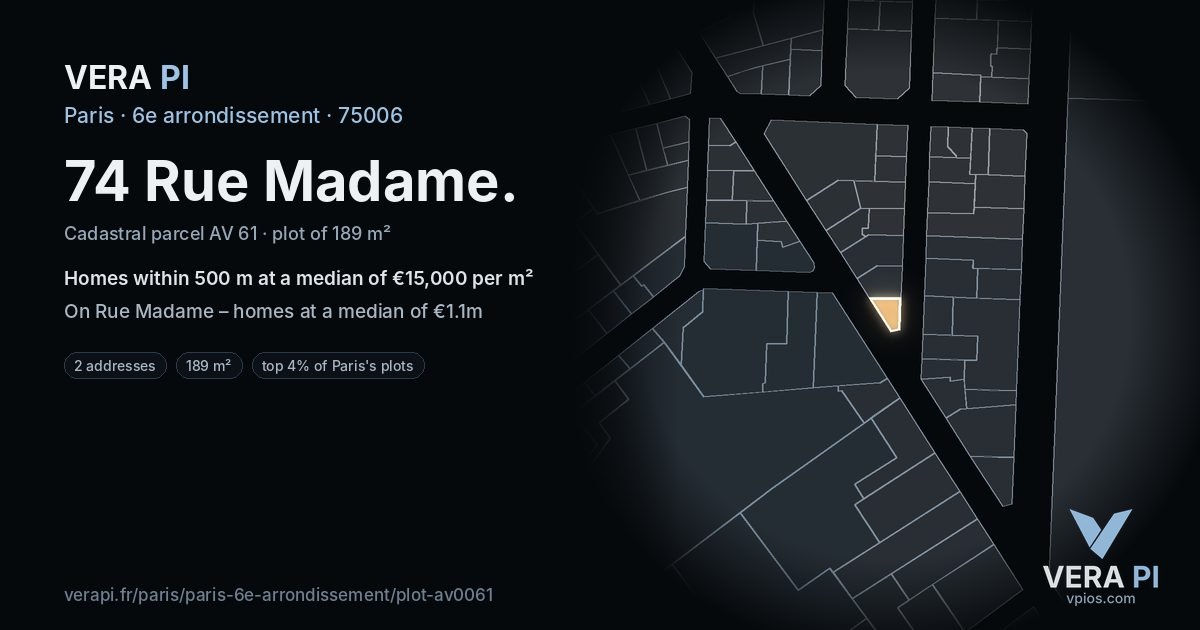 74 Rue Madame, 6e arrondissement at night – the plot lit, the parcels around coloured by the prices near them