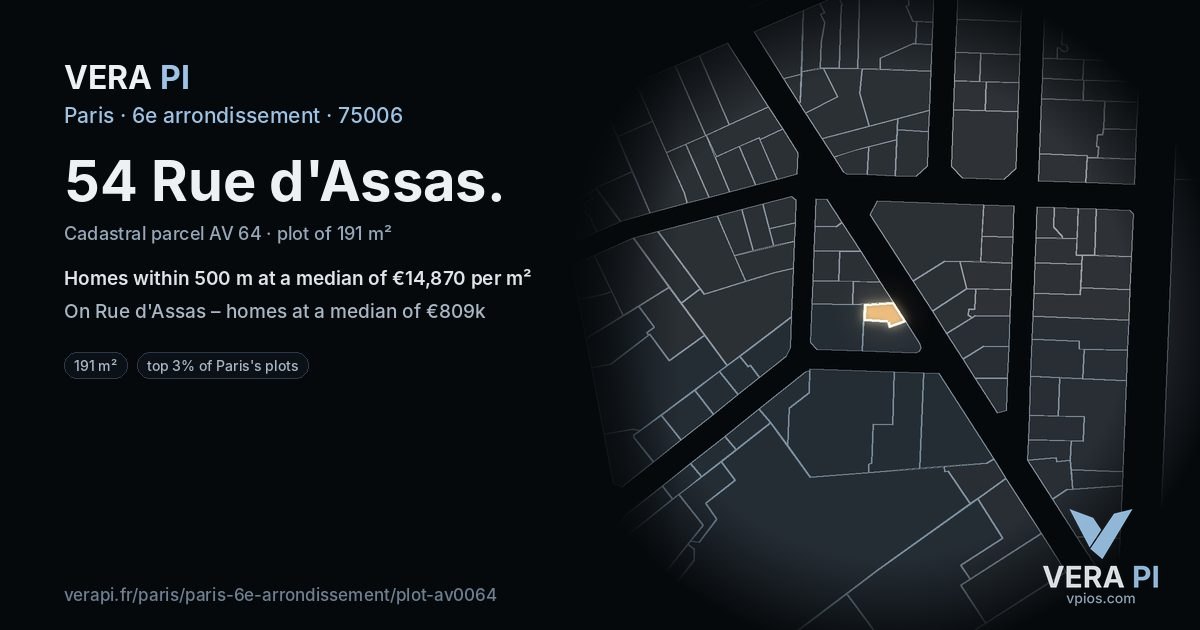 54 Rue d'Assas, 6e arrondissement at night – the plot lit, the parcels around coloured by the prices near them