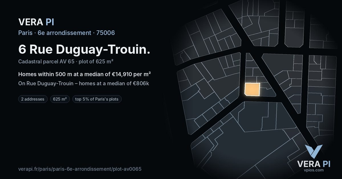 6 Rue Duguay-Trouin, 6e arrondissement at night – the plot lit, the parcels around coloured by the prices near them