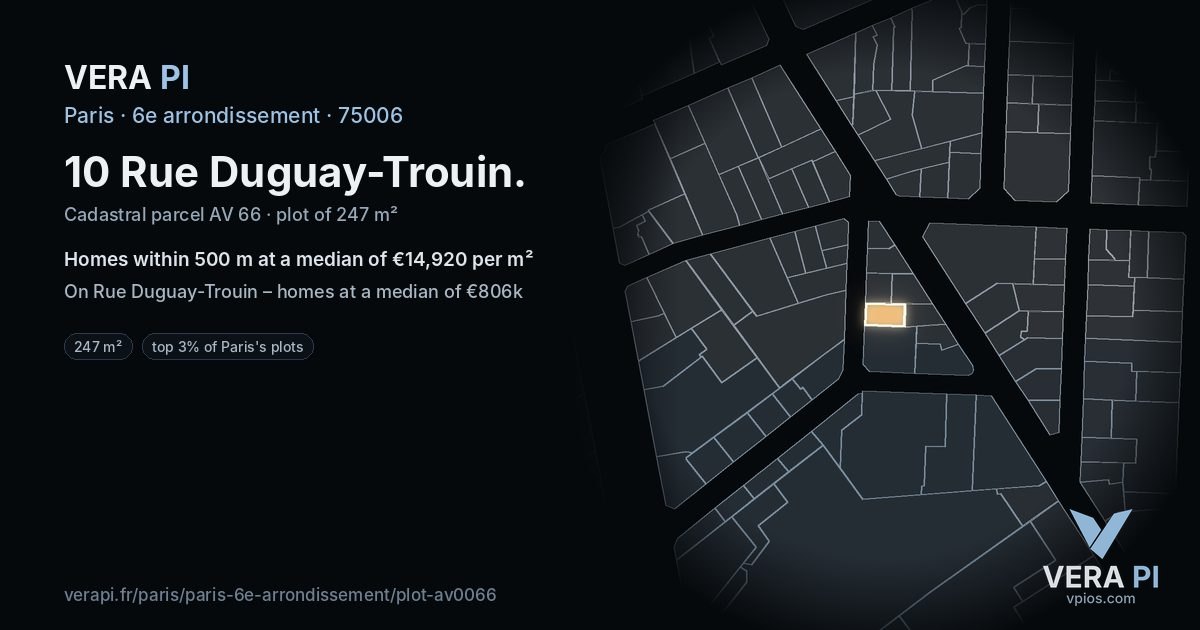 10 Rue Duguay-Trouin, 6e arrondissement at night – the plot lit, the parcels around coloured by the prices near them