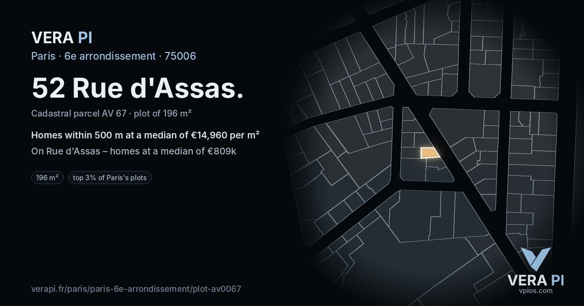 52 Rue d'Assas, 6e arrondissement at night – the plot lit, the parcels around coloured by the prices near them