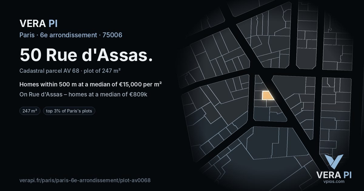 50 Rue d'Assas, 6e arrondissement at night – the plot lit, the parcels around coloured by the prices near them