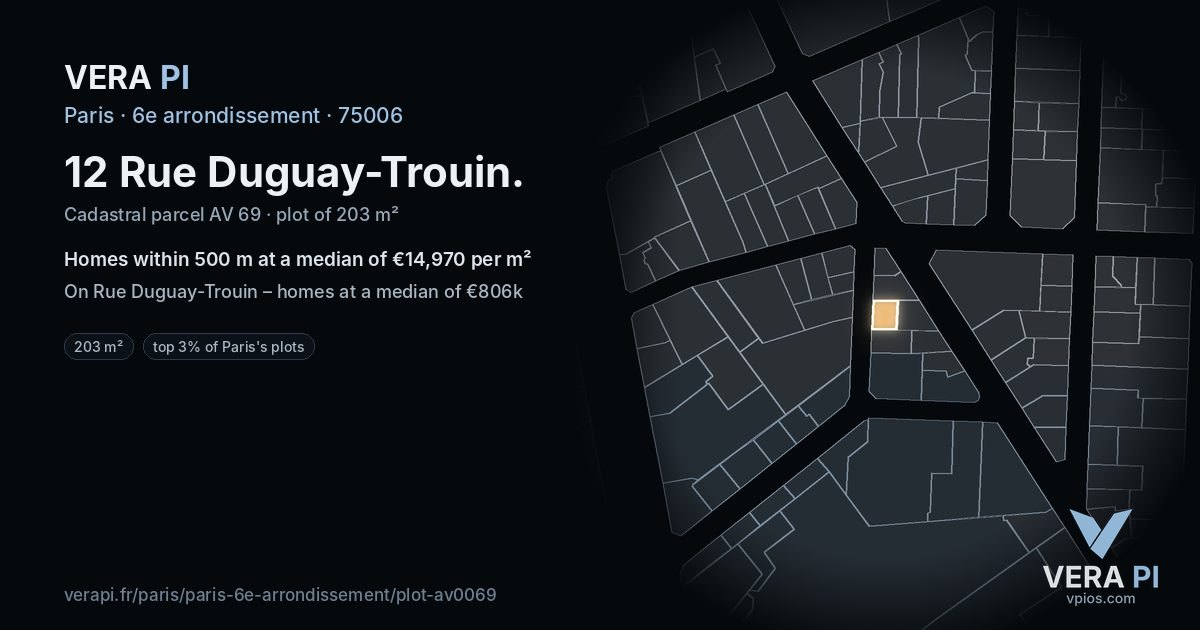 12 Rue Duguay-Trouin, 6e arrondissement at night – the plot lit, the parcels around coloured by the prices near them