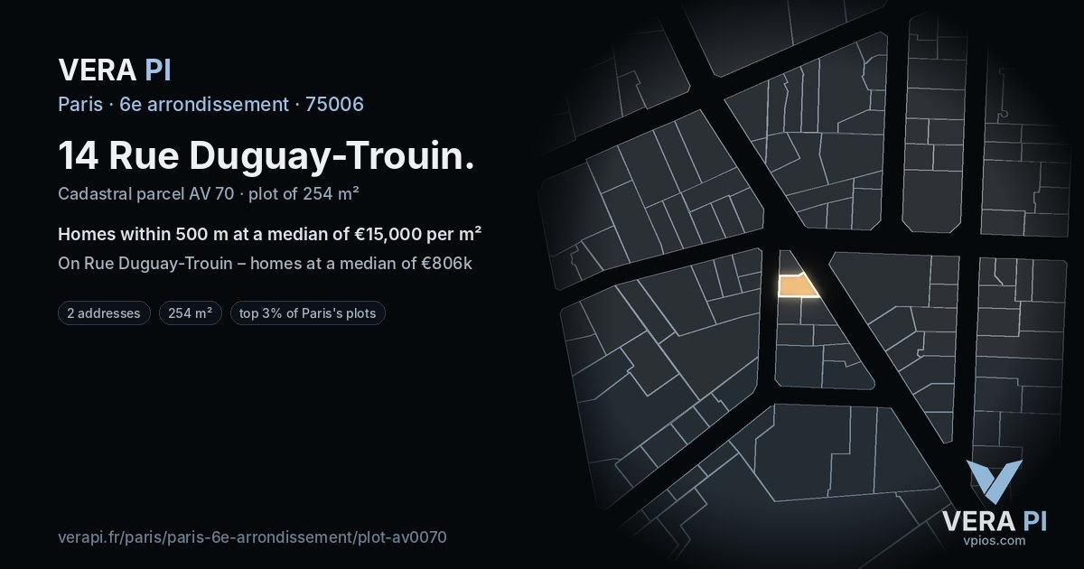 14 Rue Duguay-Trouin, 6e arrondissement at night – the plot lit, the parcels around coloured by the prices near them