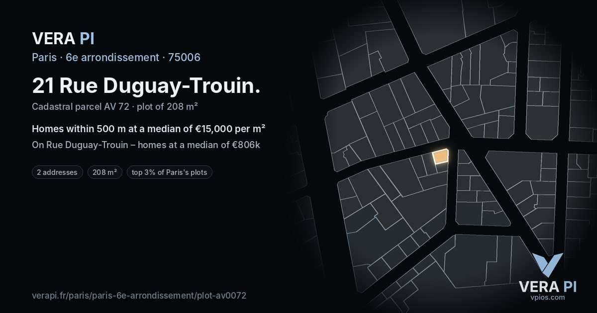 21 Rue Duguay-Trouin, 6e arrondissement at night – the plot lit, the parcels around coloured by the prices near them