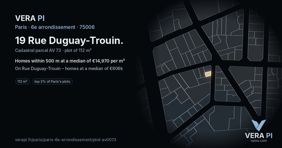 19 Rue Duguay-Trouin, 6e arrondissement at night – the plot lit, the parcels around coloured by the prices near them