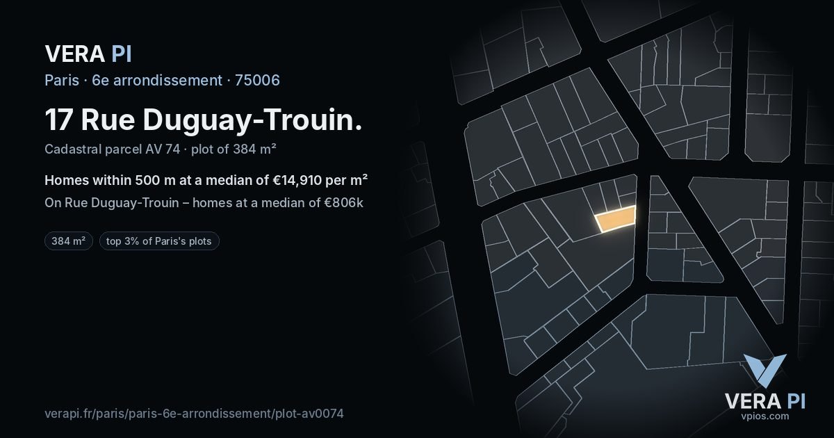 17 Rue Duguay-Trouin, 6e arrondissement at night – the plot lit, the parcels around coloured by the prices near them