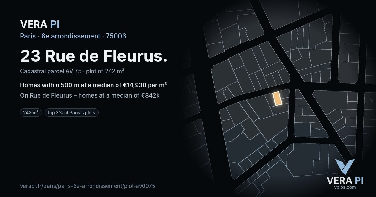 23 Rue de Fleurus, 6e arrondissement at night – the plot lit, the parcels around coloured by the prices near them