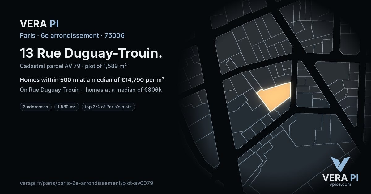 13 Rue Duguay-Trouin, 6e arrondissement at night – the plot lit, the parcels around coloured by the prices near them