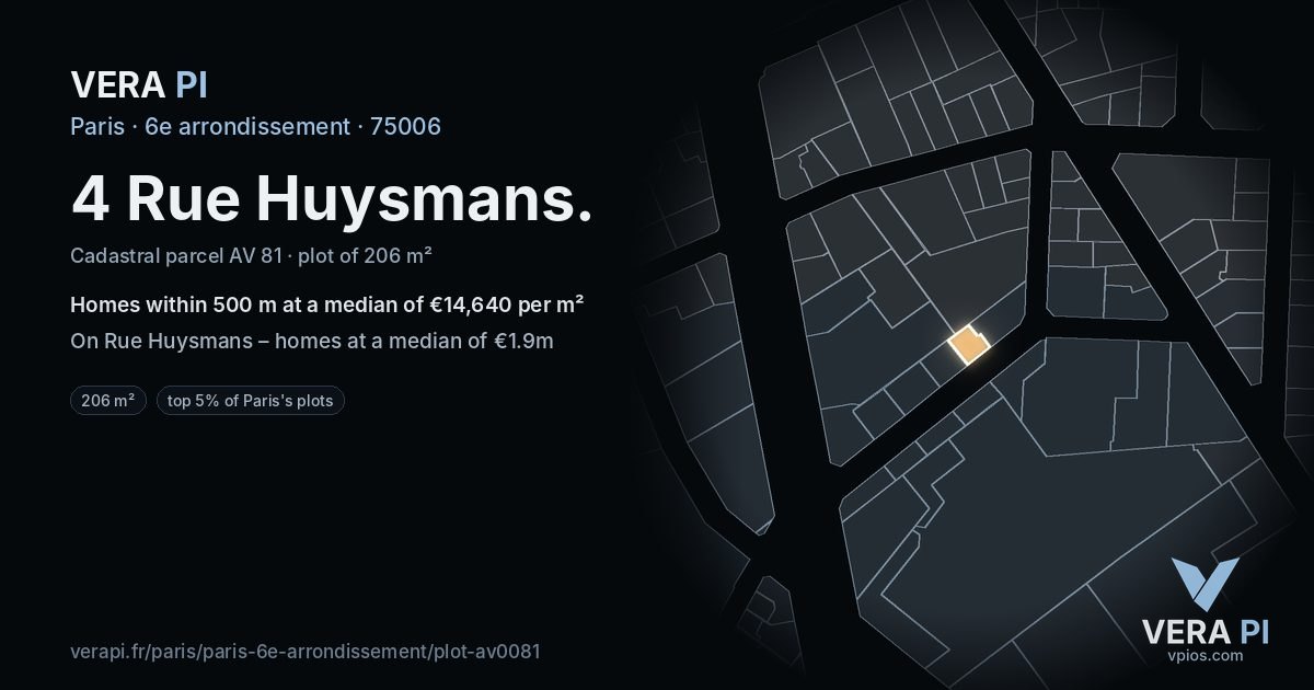 4 Rue Huysmans, 6e arrondissement at night – the plot lit, the parcels around coloured by the prices near them