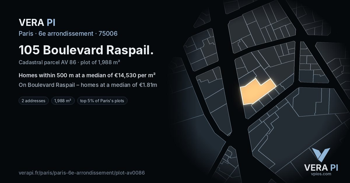 105 Boulevard Raspail, 6e arrondissement at night – the plot lit, the parcels around coloured by the prices near them
