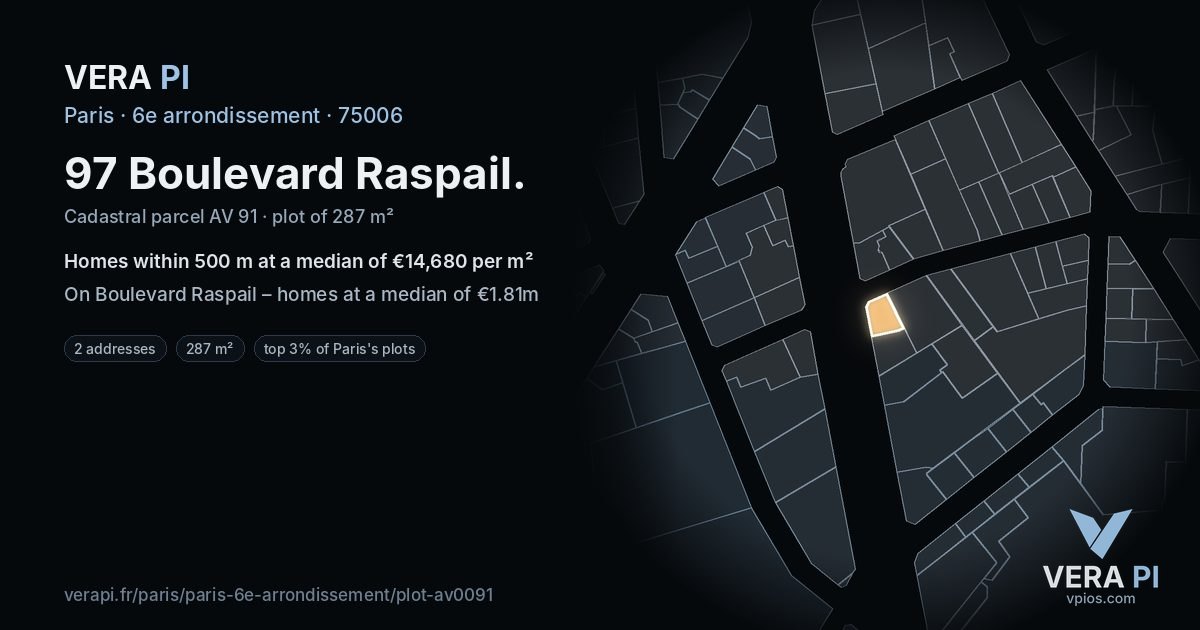 97 Boulevard Raspail, 6e arrondissement at night – the plot lit, the parcels around coloured by the prices near them